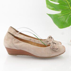 Paul Green Womens Nola Slip On Shoes Size 10 Tan Suede Rose Gold Low Wedge Bows
